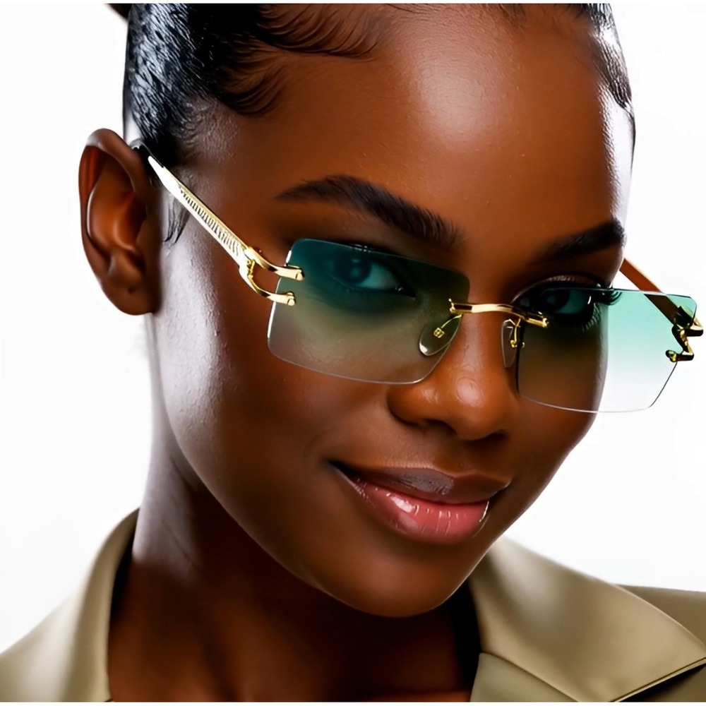 Vintage Green Tint Gold Frame Rimless Shades Retro‎ Rectangular Women Sunglasses